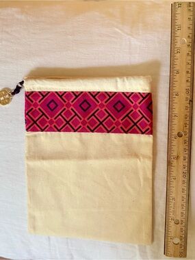 Tory Burch Canvas Drawstring Pouch with Pink Geometric Trim
